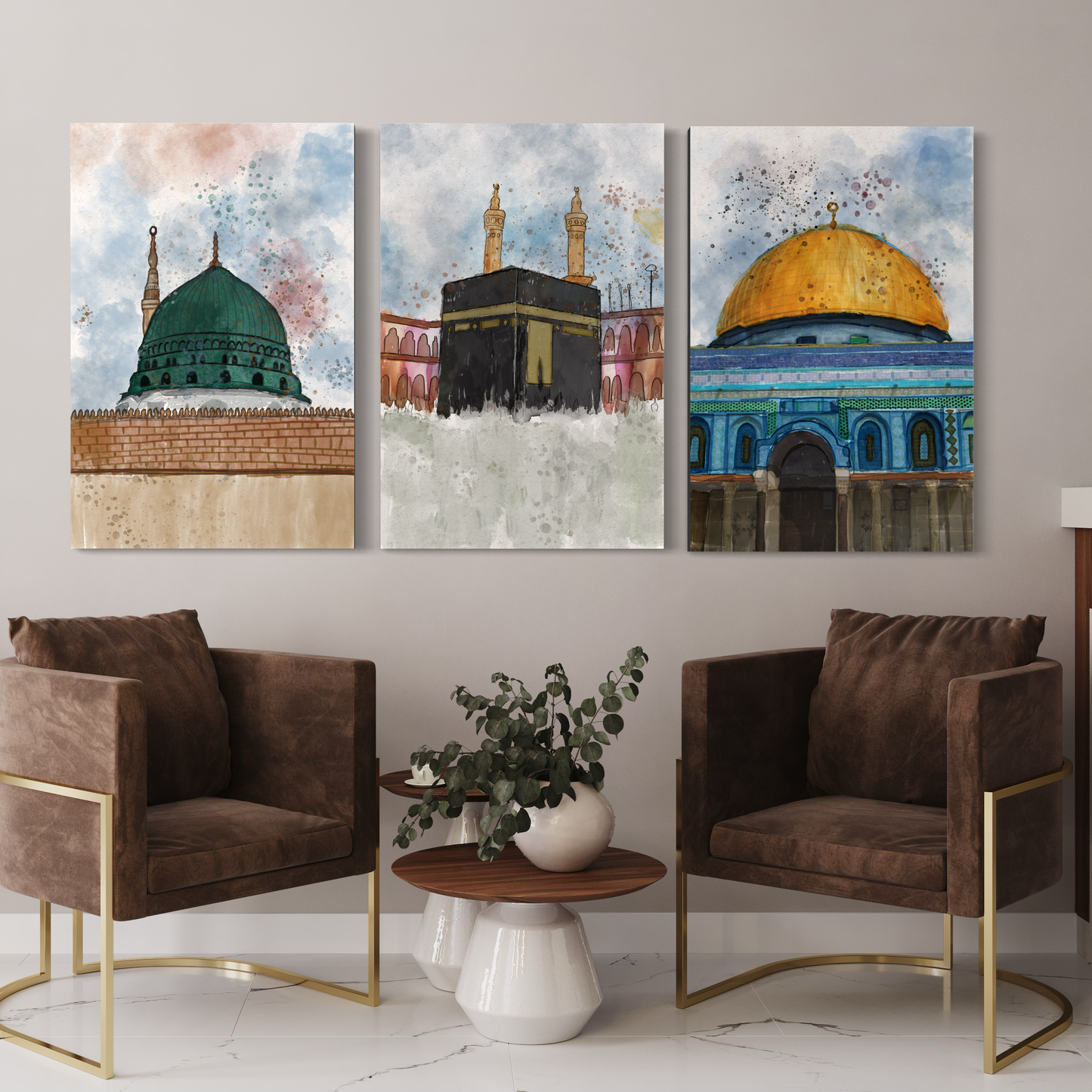 Set of 3 canvases Makkah, Medina and Masjid Al Aqsa Watercolor painting on canvas - Islamic modern Wall Art Print on canvas