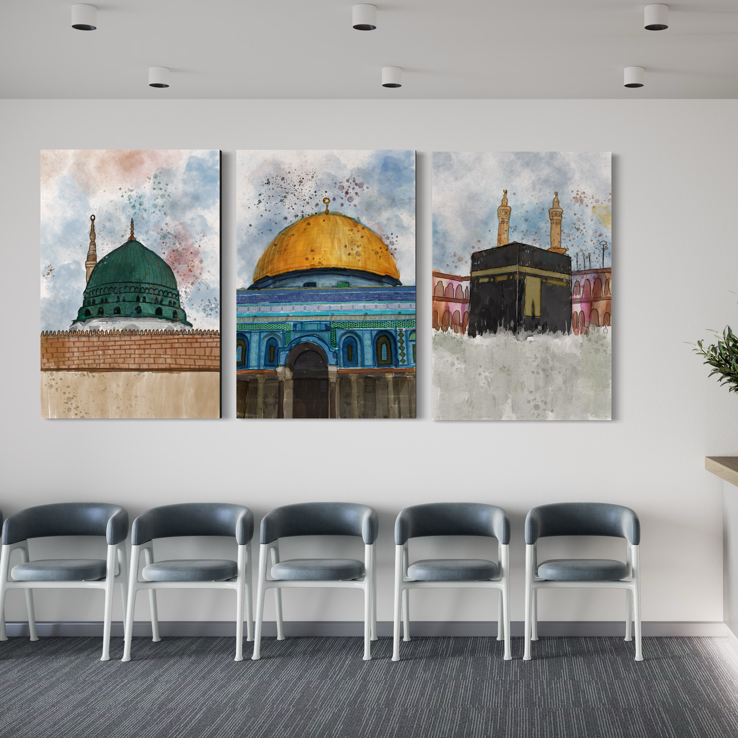 Set of 3 canvases Makkah, Medina and Masjid Al Aqsa Watercolor painting on canvas - Islamic modern Wall Art Print on canvas