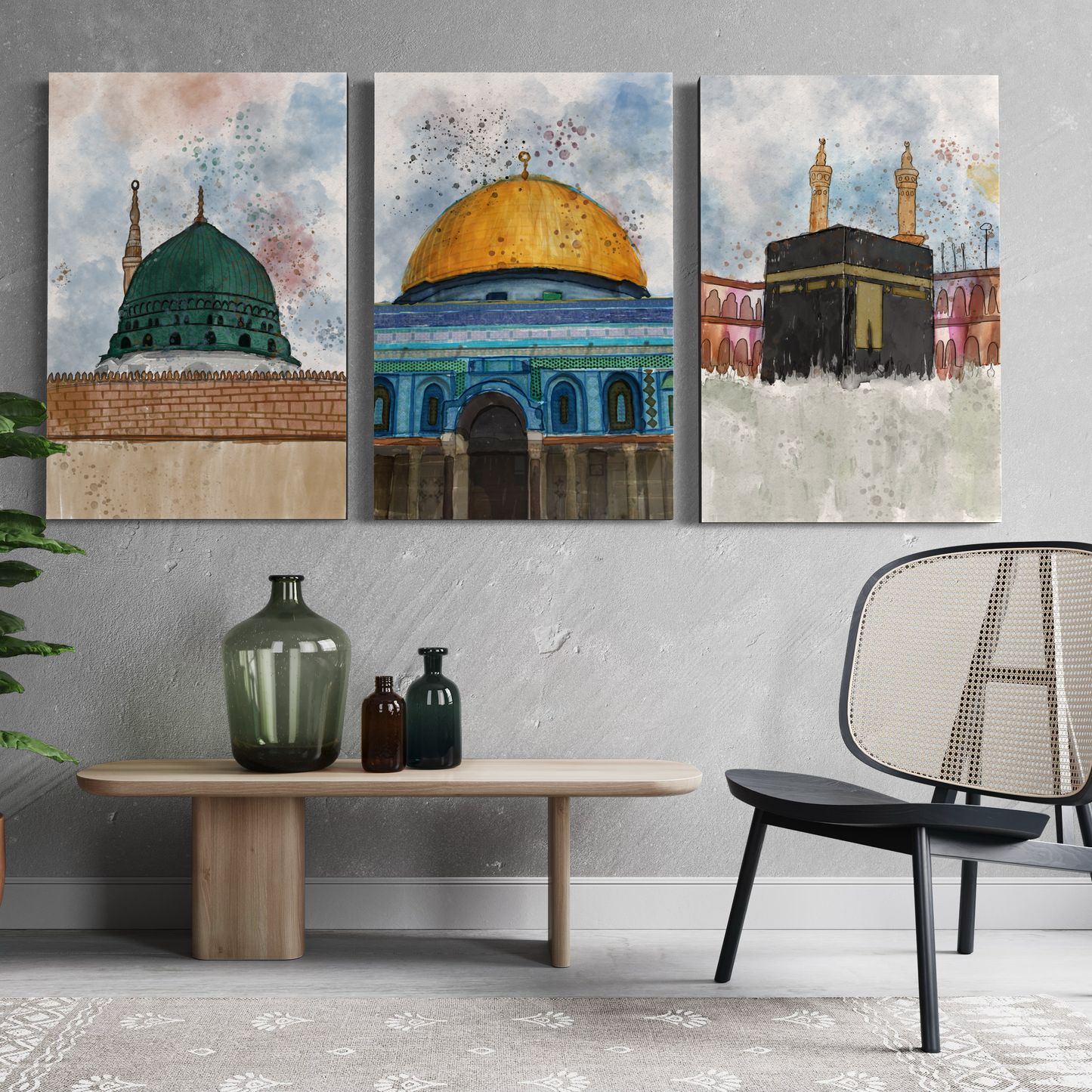 Set of 3 canvases Makkah, Medina and Masjid Al Aqsa Watercolor painting on canvas - Islamic modern Wall Art Print on canvas