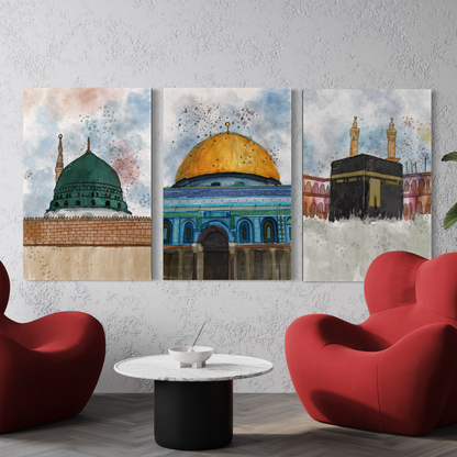 Set of 3 canvases Makkah, Medina and Masjid Al Aqsa Watercolor painting on canvas - Islamic modern Wall Art Print on canvas