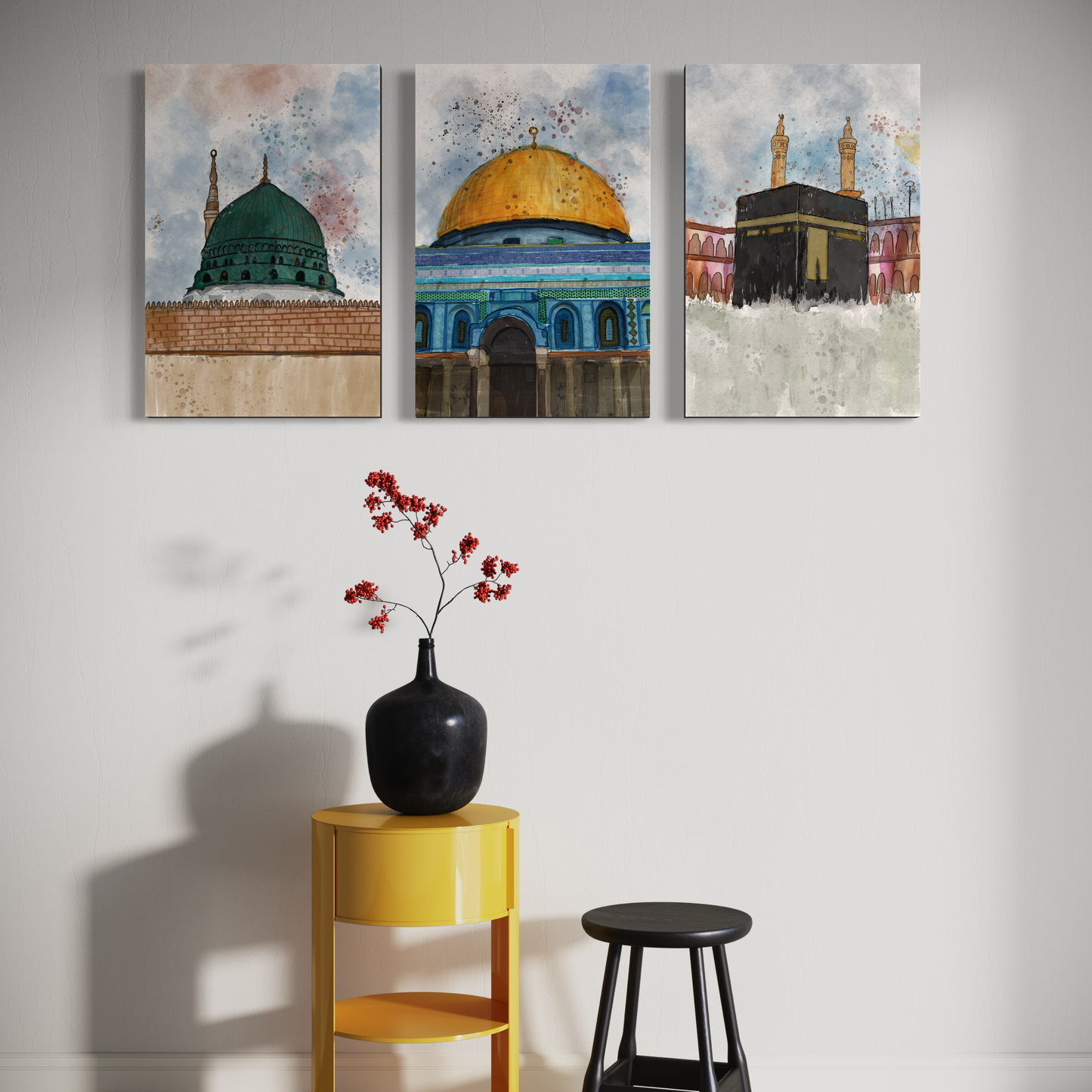 Set of 3 canvases Makkah, Medina and Masjid Al Aqsa Watercolor painting on canvas - Islamic modern Wall Art Print on canvas