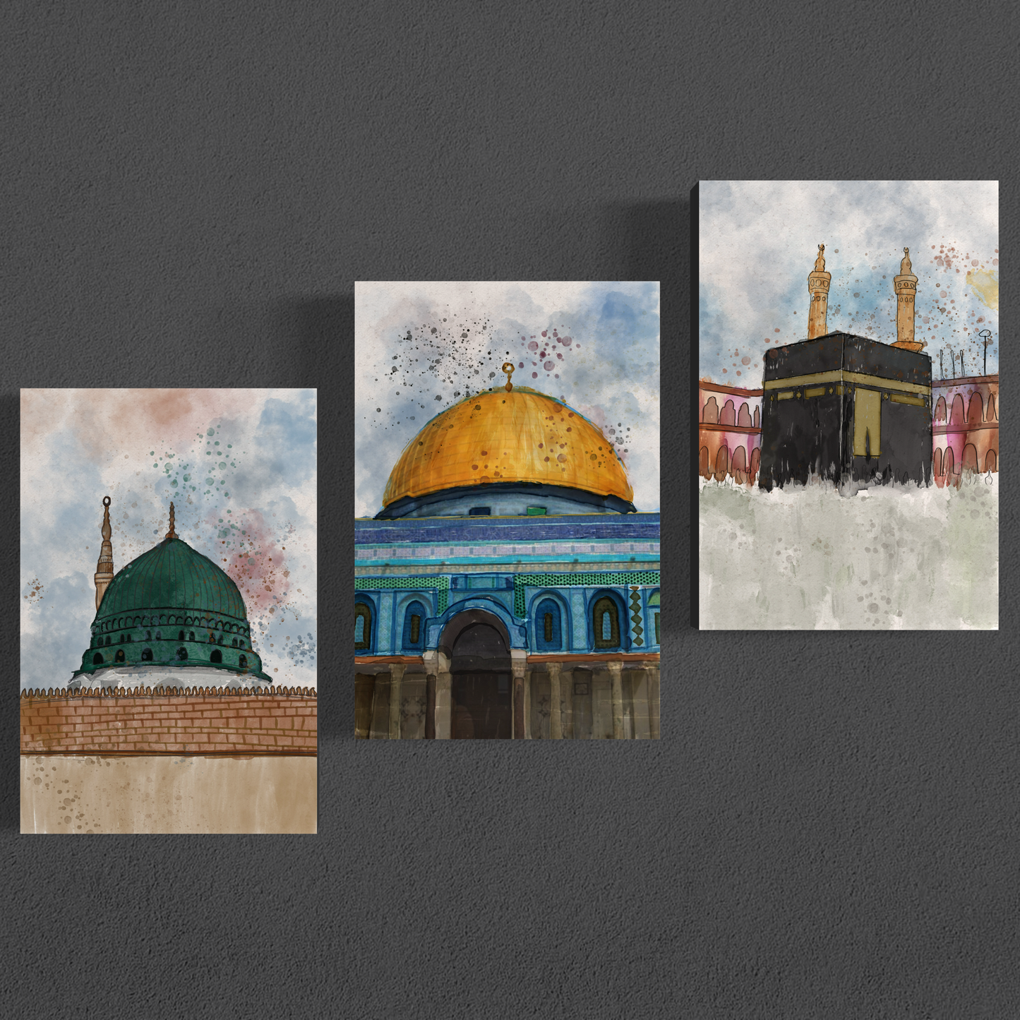 Set of 3 canvases Makkah, Medina and Masjid Al Aqsa Watercolor painting on canvas - Islamic modern Wall Art Print on canvas