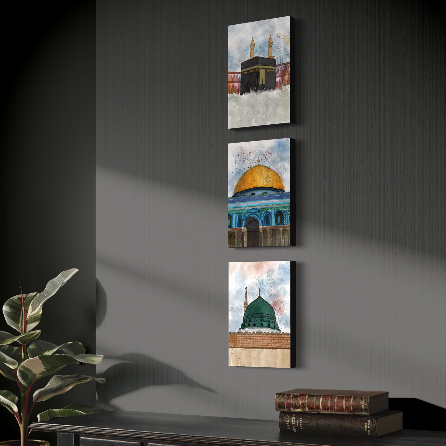 Set of 3 canvases Makkah, Medina and Masjid Al Aqsa Watercolor painting on canvas - Islamic modern Wall Art Print on canvas